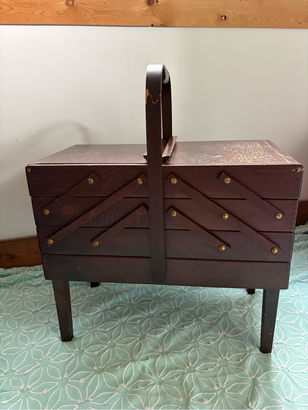 Vintage Accordion wood Sewing box dovetail details made in Romania MCM